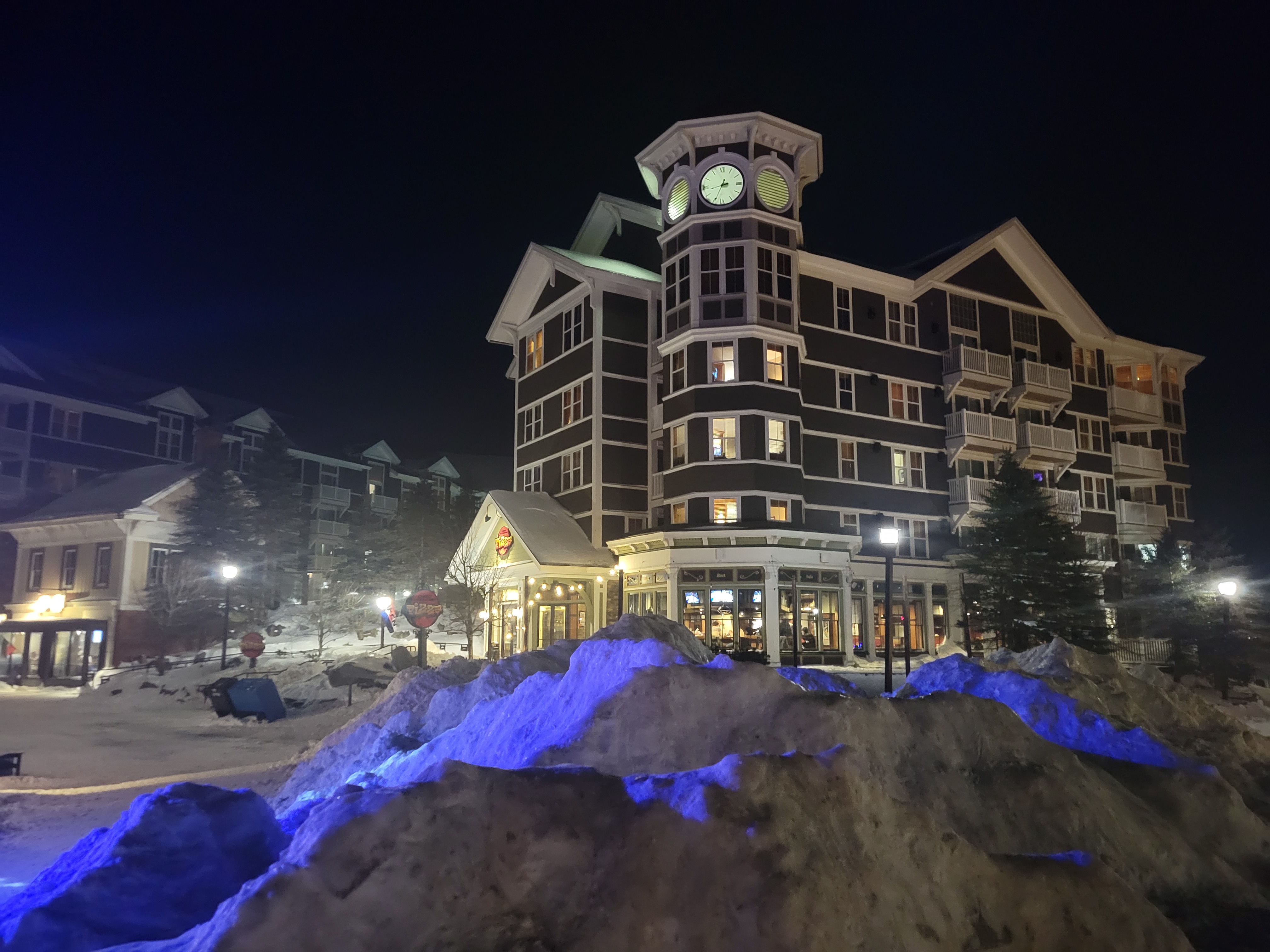 Snowshoe village at night